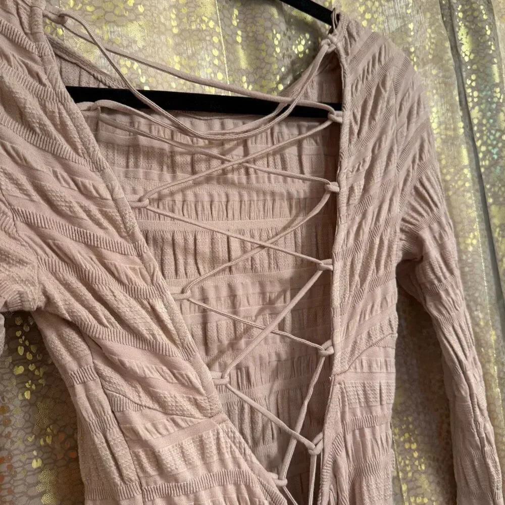 Free People Nude Tan Ruched Lace Up Back Long Sleeve Top XS